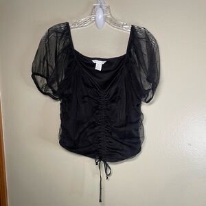 Whimsigoth Crop Top Womens Large Netting Ruched Dots Sheer Puf Sleeves